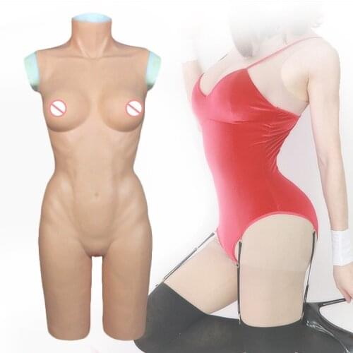 Crossdresser C Cup Silicone Fake Breast Boobs With Fake Vagina Form Halfbody Suit Tight Insertable Transgender Drag Queen