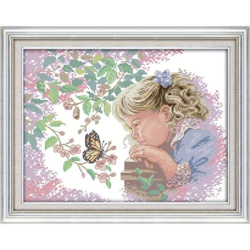 The Little Girl with Butterfly 14CT 11CT Counted Printed on Fabric DMC Embroidery Thread Kits DIY Handmade Needlework Home Decor