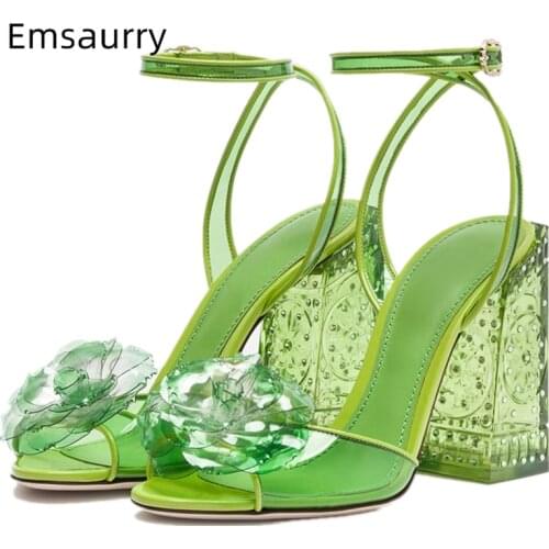 New Arrival Jelly Flower Sandals Women Sweet Pink Clear PVC Slim Shallow Party Sandalias Jeweled Square High Heel Summer Shoes