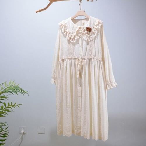 Autumn Dress Women 2021 Sweet Japan Style Solid Cotton Embroidered Dress Long Sleeve Single Breasted Midi Dress HT15008