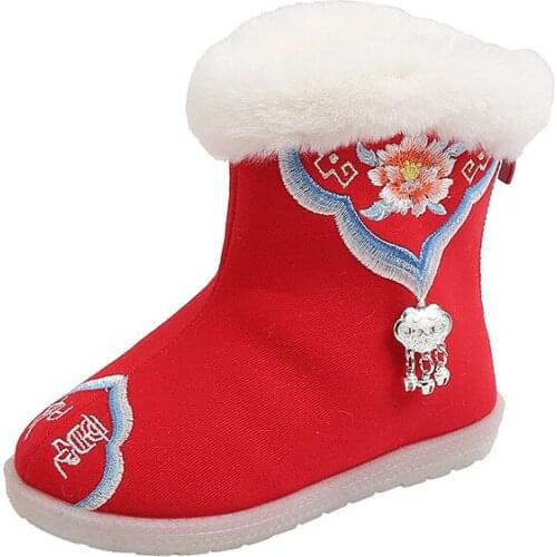 Winter Cloth Shoes Embroidered Shoes Girls Chinese Dance Velvet Short Boots National Show Children Shoes