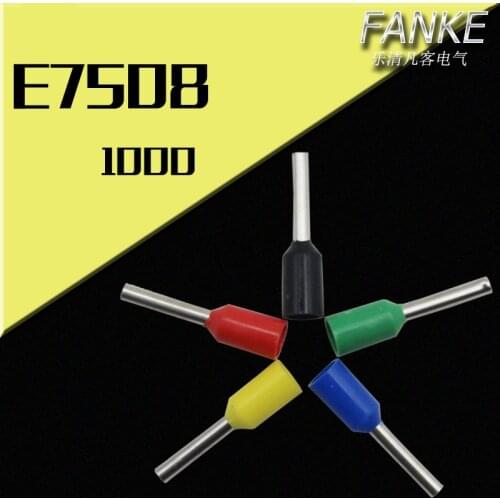 1000pcs/pack E7508 Tube Pre-Insulating Terminal Wire Bootlace Ferrules For 0.75mm2, 20AWG, 8.0mm Pin of length Brass tubes