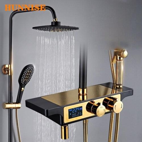 Digital Shower Set Hot Cold Brass Bathroom Mixer Set Black Gold Bathtub Faucet Rainfall Shower Head Thermostatic Shower Set