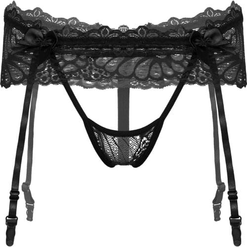 Men Floral Lace See-through Skirted Underwear Crotchless Cutout Lingerie Thongs Low Waist Garter Belt Briefs Stretchy Panties