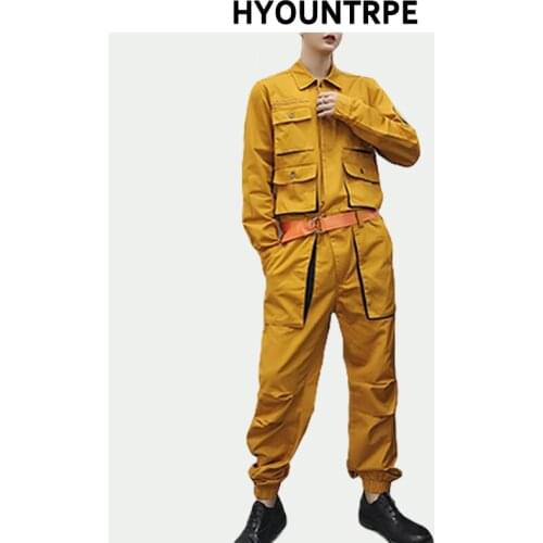 Autumn Fashion Cargo Pocket Jumpsuit One Piece Single Breasted Tops with Sash High Street Shirt Overalls New Design Suits Romper