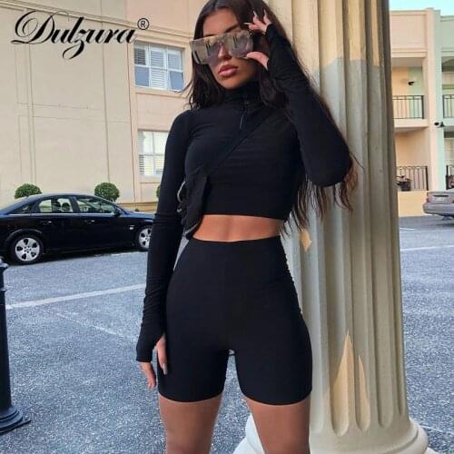 Dulzura 2019 autumn winter women sexy long sleeve neck zipper crop top high waist stretch shorts workout fitness 2 two piece set