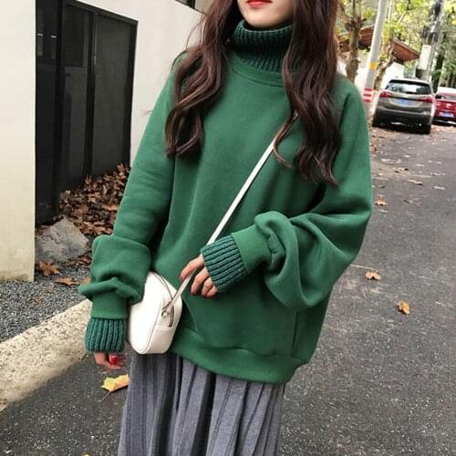 Korean Fashion Winter Oversized Womens Pullover High Neck Plus Velvet Solid Color Fake Two-piece Sweatshirt Top Female