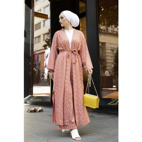 Floral Pattern Suit Two-pieces Muslim Sets Abaya Turkey Hijab Dress Caftan Islam Clothing Abayas For Women Musulman Ensembles