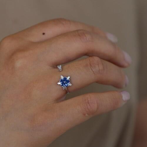 Trendy women shiny flower finger ring chic dark blue zirconia fulfill clear cz open jewelry rings statement adjustable size