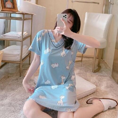 Cartoon Pattern Nightdress Women Sleepwear Summer Breathable V Neck Short Sleeve Night Dress Women Loose Nightdress Homewear
