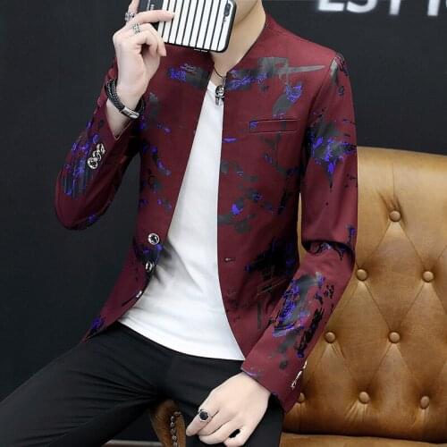 2021 trendy mens print stand-up collar suit, handsome youth, self-cultivation personality, autumn floral blAZER