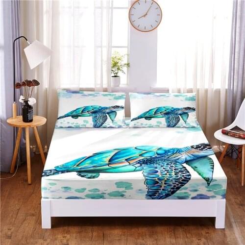 Sea Turtle 3pc Polyester Solid Fitted Sheet Mattress Cover Four Corners With Elastic Band Bed Sheet(2 pillowcases)