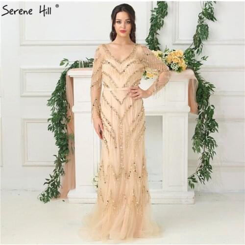 Newest Designer Gold V-Neck Evening Dresses 2020 Mermaid Long Sleeves Tassel Beading Fashion Evening Gowns LA6631