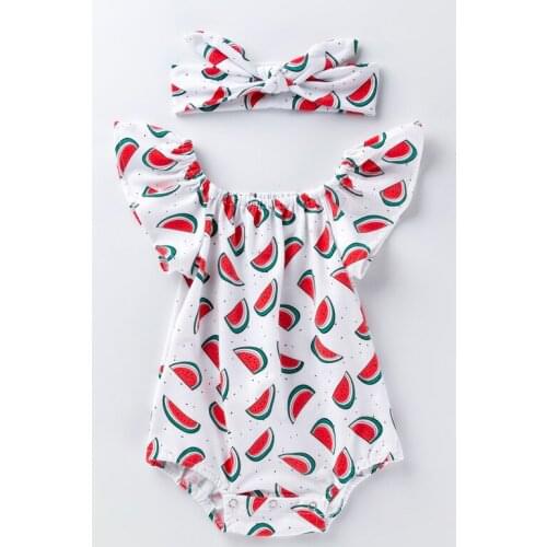 New Arrival 2021Baby Girl Bodysuit Cute Watermelon Printing Baby Girl Clothes Bodysuits Summer Girl Sunsuit with Headband