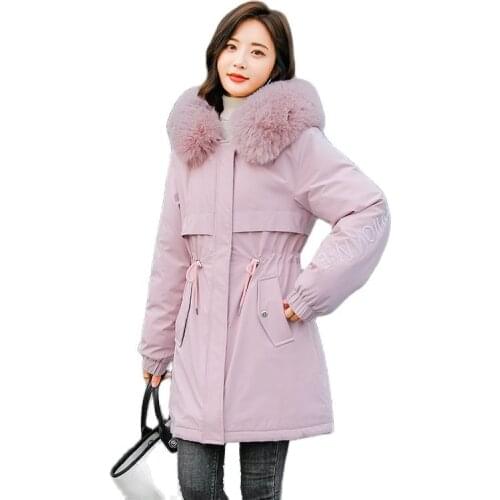 Women Winter Hooded Faux Fur Liner Big Pocket Embroidery Warm Midi Coat Puffer Jacket Cotton Padded Parkas Overcoat