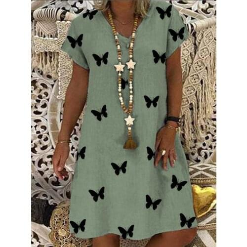 4XL 5XL female plus size dress butterfly print short sleeve knee-length V-neck fashion casual dress