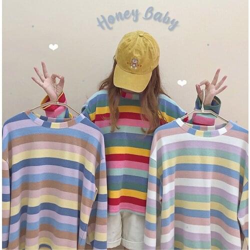 Rainbow Stripe Casual Womens Loose Sweatshirt Cute Long Sleeve Pullovers Hoodies Autulmn/Winter Tops 3 Colors
