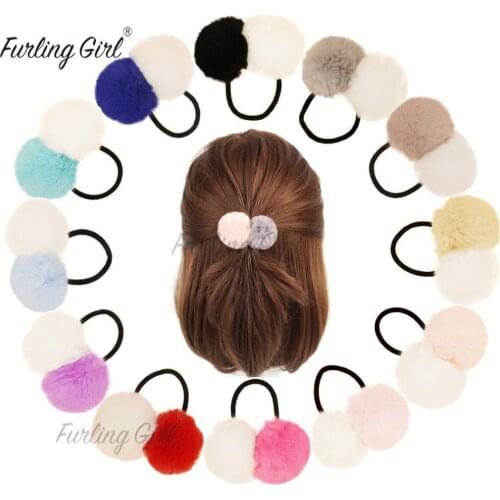 Furling Girl 1PC Faux Fur Pom Poms Hair Scrunchies Bobble Elastic Hair Bands Ponytail Double Balls Hair Ties Girls Cheerleader