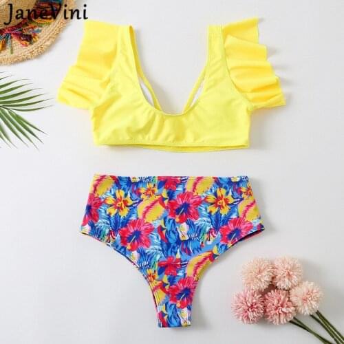 JaneVini Sexy Black Bikini Sert 2 Pieces High Waist Women Swimwear Beach Floral Print Bikini Push Up Padded Bathing Suits Tangas