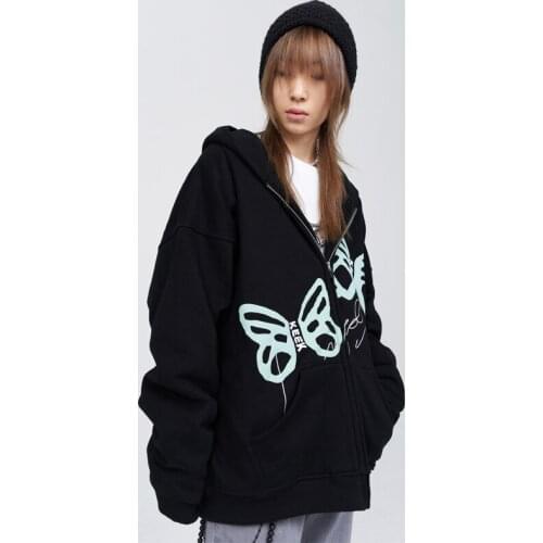 Women Casual Hooded Sweatshirt,2021 Autumn New Fashion Adults Flower Butterfly Letter Print Long Sleeve Cardigan with Pockets