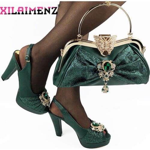 Classics Style Nigerian Lady Shoes and Bag Set in Dark Green High Quality African MaMa Shoes and Bag to Match for Wedding