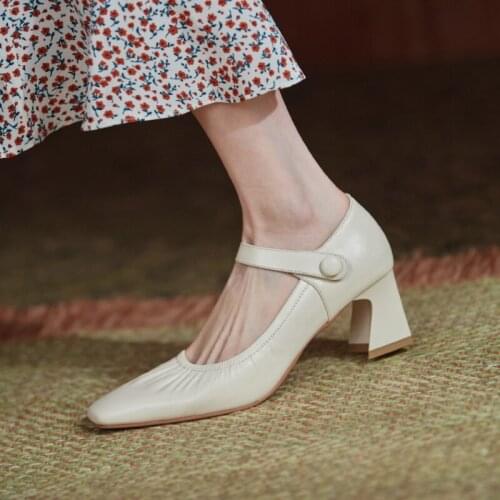 Osunlina Mary Janes Pumps Square Toe High Heels Pumps Woman Pleated White Real Cow Leather Elegant Lady Shoes 2021 New Arrival