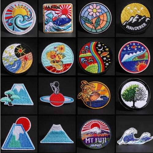 Sunset Landscape Badge Patches for Clothing Iron on Embroider Sew Fuji Mountain Applique Fabric DIY Apparel Patch Accessories