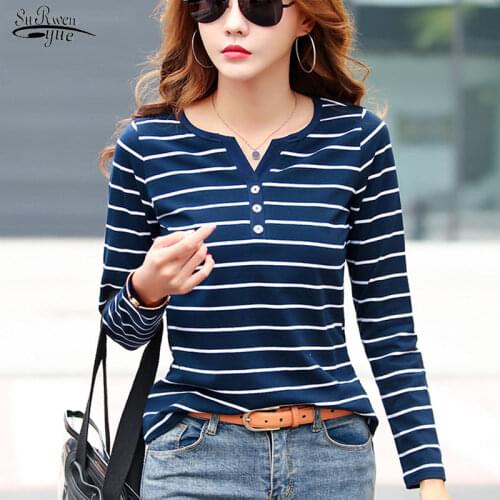 Spring Plus Size V-neck T-Shirt Women Long Sleeve Stripe T Shirt Autumn Casual Fashion Korean Cotton Tee Loose Lady Clothing