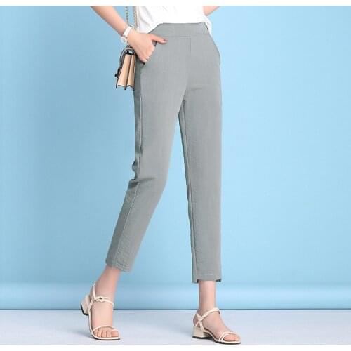 Womens Ice Silk Cotton and Linen Harem Pants 2019 Summer Elastic High Waist Pants Slim Casual Pants Female Trousers S-4XL R502