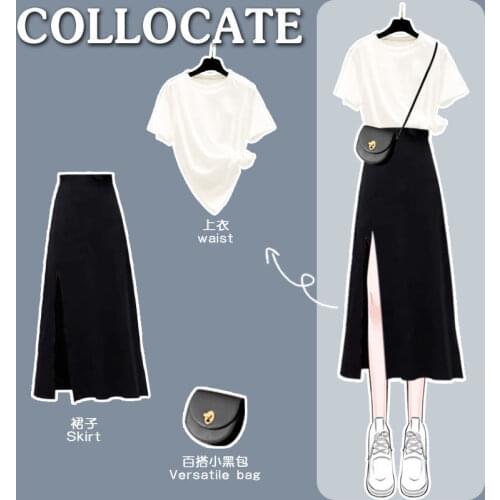 2021 Summer New Suit Women Loose T-shirt Top + Black Half Skirt Skirt Two-piece Suit