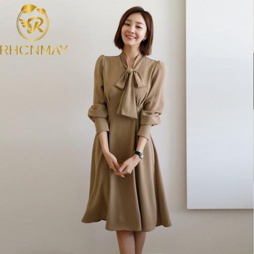 New Autumn Women Elegant Temperament Medium length Dress Bow Tie Neck Office Lady Shirt Dress Long Sleeve Slim Pleated Dress
