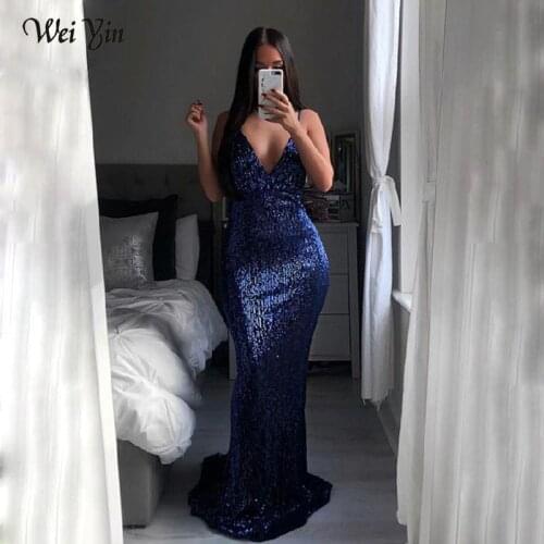 Weiyin AE0584 Robe De Soiree Sexy Sequined Little Mermaid Navy Blue Sparkle Party Gowns New Arrival Cheap Long Prom Dresses