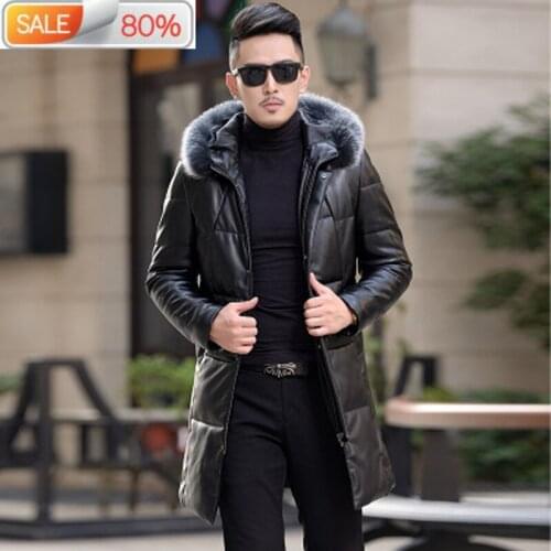 Winter Leather Jacket Men Duck Down Long Male Fox Fur Collar Second Layer of Sheepskin Coat Outwear HN1719 LX2357