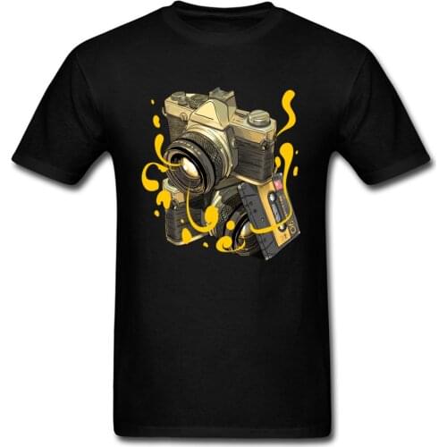 2018 Vintage Black T-shirt Men Camera & Cassette Print Round Collar Tops Tees Cotton High Quality T Shirt Classic Art