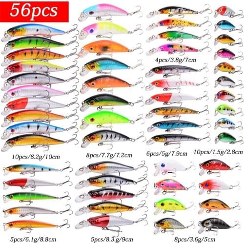 56Pcs/Set Almighty Mixed Fishing Lure Kits Wobbler Crankbait Swimbait Minnow Hard Baits Spiners Carp Bait Set Fishing Tackle
