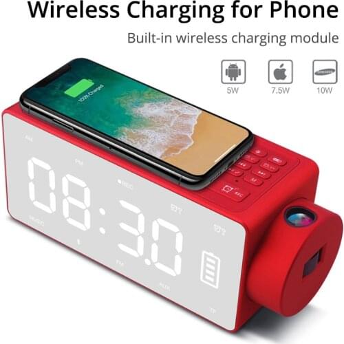 Wireless Charging Projection Digital Clock Bluetooth Speaker LED Large Screen Alarm Clock Table Clocks Music Speaker