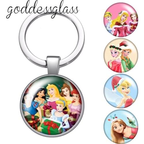 Disney Christmas Princesses Belle Cinderella Photo glass cabochon keychain Bag Car key chain Ring Holder Charms keychains gift