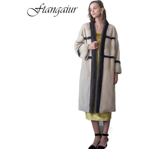 Fang Tai Fur 2019 Winter Copenhagen Import Velvet Mink Fur Coat V-Neck Striped Overcoats Womens X-Long Slim Real Mink Fur Coats