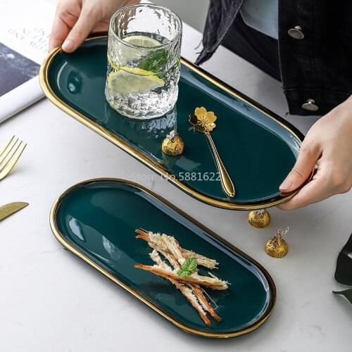 Nordic Green Gold Rim Ceramic Oval Plate Western Dish Dessert Plate Porcelain Jewelry Storage Tray Dinnerware Tableware Set
