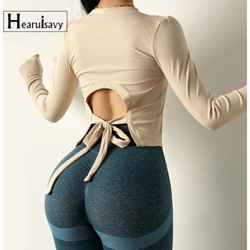 Autumn Long-Sleeve Crop Tops Back U Type Hollow Bandage Sports Top Womens Slim Quick-Drying Running Fitness Yoga T-shirt