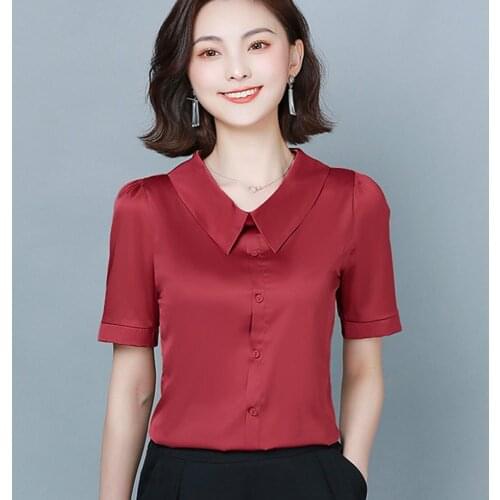 Summer office ladies work shirt women short sleeve temperament satin silk shirt blouse tops elegant female basic shirt Party