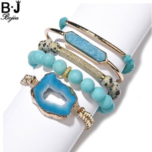 Fashion Elastic Womens Natural Stone Bracelets & Bangles 2021 Boho Quartz Druzy Crystal Female Open Cuff Bracelet Set BCSET309