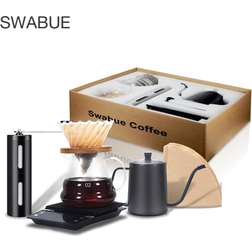 Swabue Pour Over Coffee Maker V60 Dripper Filter Glass Pots Sets 500ml Kettle Electronic Scales with Timers Mini Grinder 4/5pcs