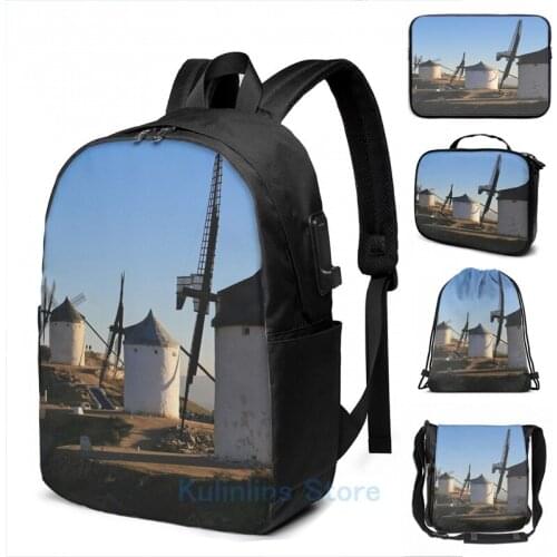 Funny Graphic print Triple Windmills USB Charge Backpack men School bags Women bag Travel laptop bag