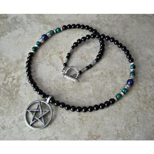 Inverted Pentagram Pentacle Pendant Necklace, Mens Black Onyx Beaded Necklace