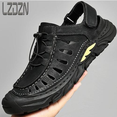Summer Mens Shoes Leisure Sports Leather Cowhide Lazy Soles With Breathable Holes Tide Hollow Sandals Half Slippers Beach