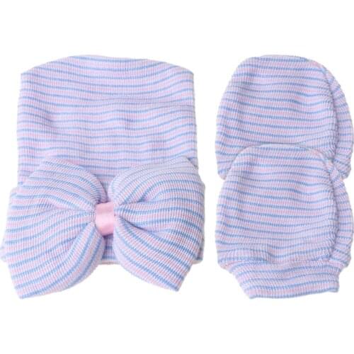 Newborn Baby Hat and Mitten Set Hospital Knit Hat Cap with Big Bow Soft Cute Knot Nursery Beanie Hat