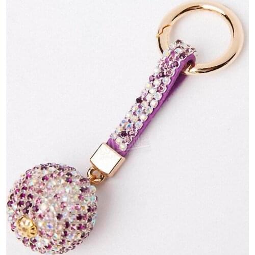 Strass Rhinestone High Quality Leather Strap Crystal Ball Car Keychain Charm Pendant Key Ring For Women K006-purple