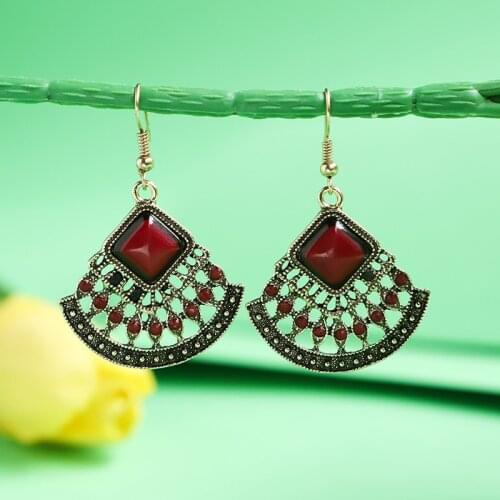 Vintage Red Stone Boho Sector Earrings Ethnic Gold Color Turquoises Hollow Earrings Statement Jewelry Accessories For Women