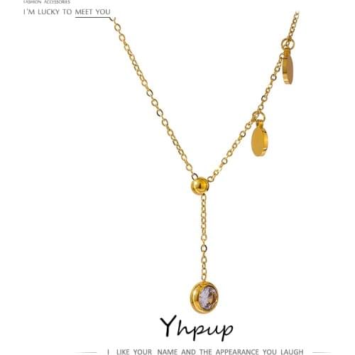 Yhpup Delicate Stainless Steel CZ Necklace Pendant Round Chain Jewelry Exquisite Bling Cubic Zirconia Gold Collar Necklace